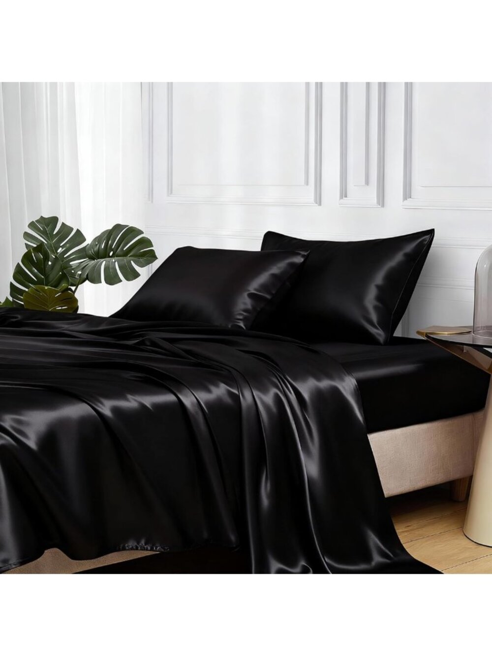 Luxurious Black Satin Queen Size Sheets with Elastic Corner Straps - Soft